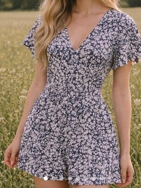 Abercrombie & Fitch Romper M Xtra Small Blue White Floral Print Deep V Neck